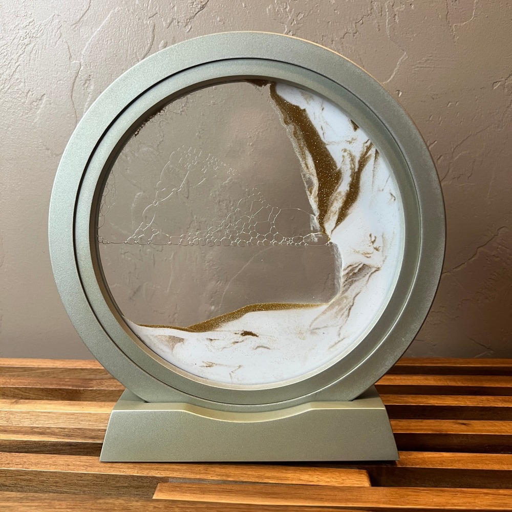 Z Gallerie Moving Sand Art Round Gold White Glitter Kinetic Desk Decor 9 inch